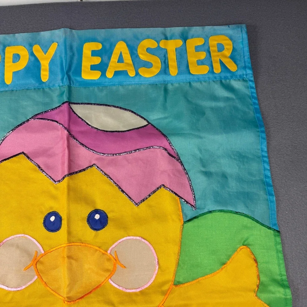 Vtg Happy Easter Chick Chicken Egg Colorful Outdoor Nylon Flag w Metallic Accent